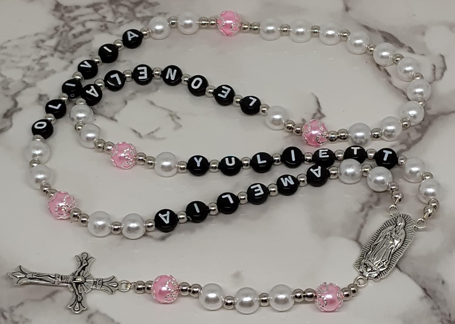 Personalized with Name Rosary Beads Crucifix * Prayer Meditation Beads * Jesus * Baptism * Christening * Communion * White beads with the accent color of your choice