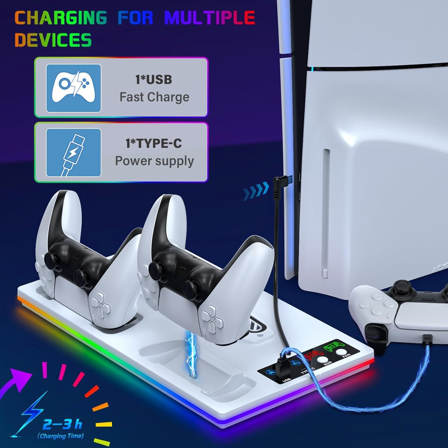3 en 1 Support PS5 avec Chargeur Manette et Ventilateur à 3 Vitesses, Socle PS5 pour PlayStation 5 Pro/Slim & Standard Disque/Numérique, Refroidisseur PS 5 avec RGB et 2 Ports USB
