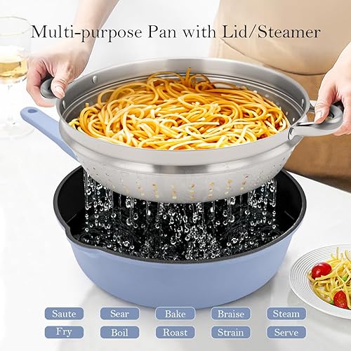 Miniatura 8 de Bobikuke Sartén antiadherente de 11 pulgadas con tapa, juego de 4 piezas (sartén de 4.5 cuartos de galón con tapa, cesta de vaporcolador, espátula