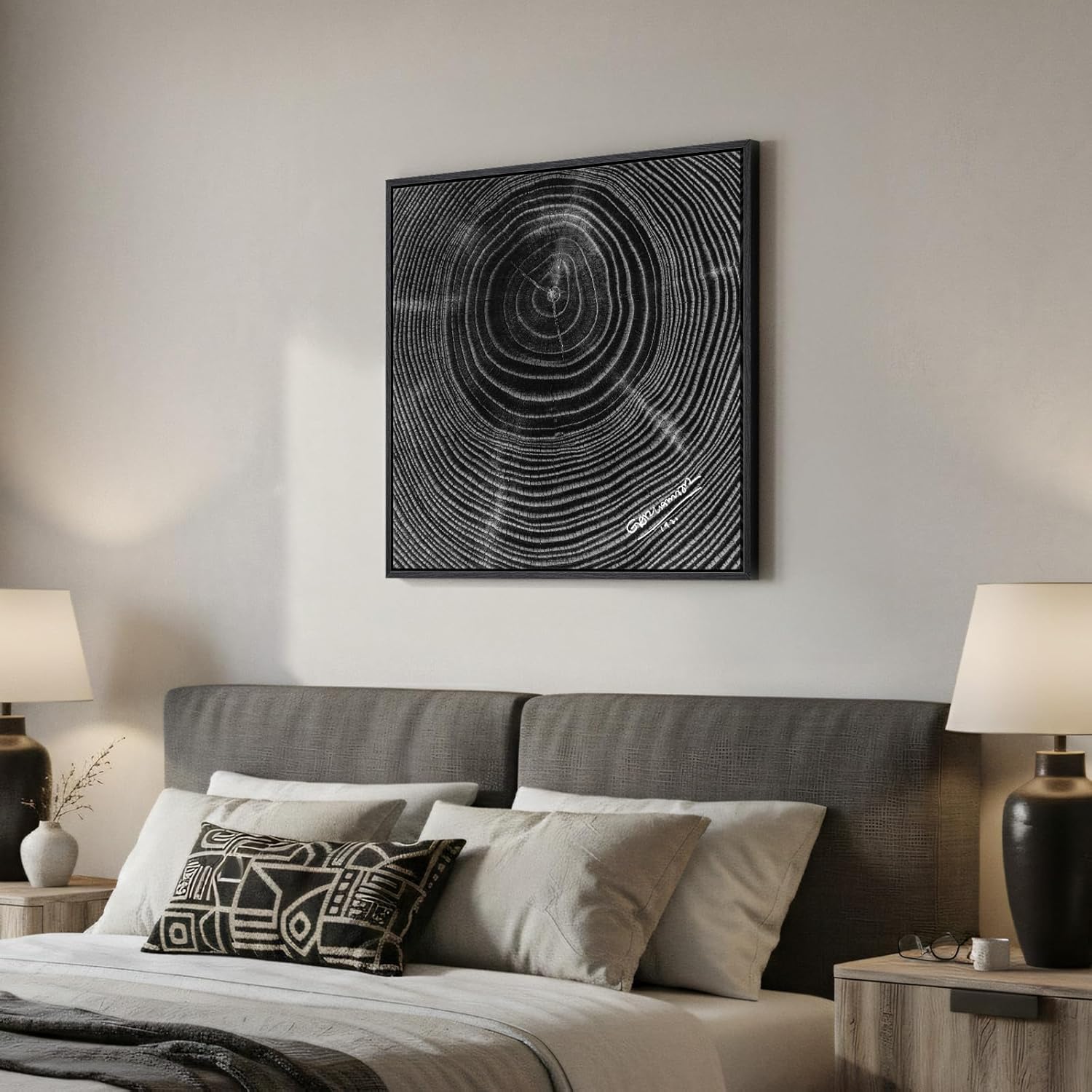 Framed Square Black Tree Ring Abstract Wall Art, Modern Nature Canvas Prints, Contemporary Black Minimalist Tree Lines Pictures for Living Room Bedroom Dining Room Hallway Office Wall Decor 24x24 In 24"L x 24"W Blcak Tree Rings