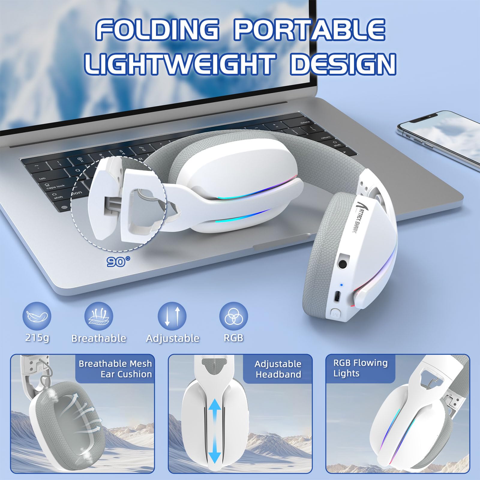 ATTACK SHARK L90 Auricolari Gaming Wireless Ultraleggeri, BT, 2.4G, 3.5mm Cablati, RGB Pieghevoli, 7.1 Surround Sound Over-Ear con Microfono Rimovibile per la Cancella Rumore, per PC, Mobile - Bianco