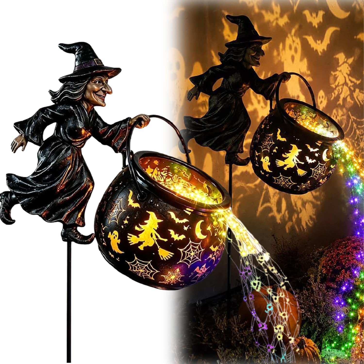 Solar Halloween Black Cat & Pumpkin Moon Garden Stake Light, Solar Pumpkin Stakes Outdoor Waterproof LED Crescent Moon Hanging Jack-o'-Lantern for Garden, Patio, Walkway (Style D)