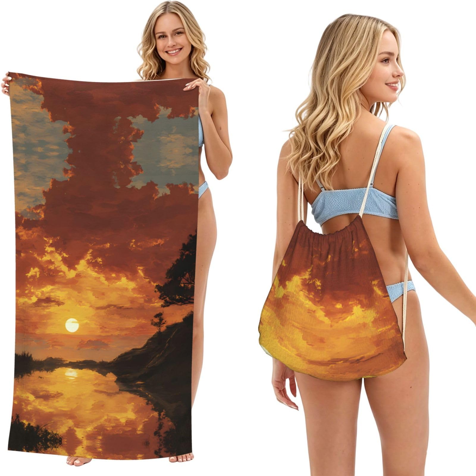 ESNAIUVCD Sunrise Print Beach Towel For Adults,Towel With Drawstring Bag, Travel Pool Swimming Sports Shower Sand Free Quick Dry Bath Towel For Pool, Beach, Yoga- 180x60cm