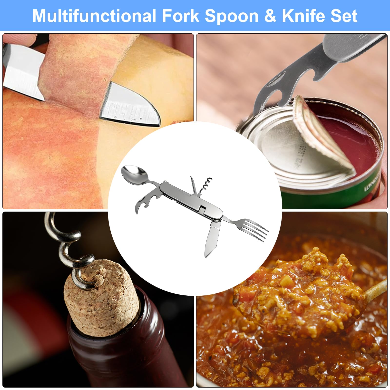 VOSSOT 6 In 1 Posate Pieghevoli In Acciaio Inox – Coltello, Forchetta, Cucchiaio, Apribottiglie E Pennello BBQ, Set Per Campeggio E Survival!