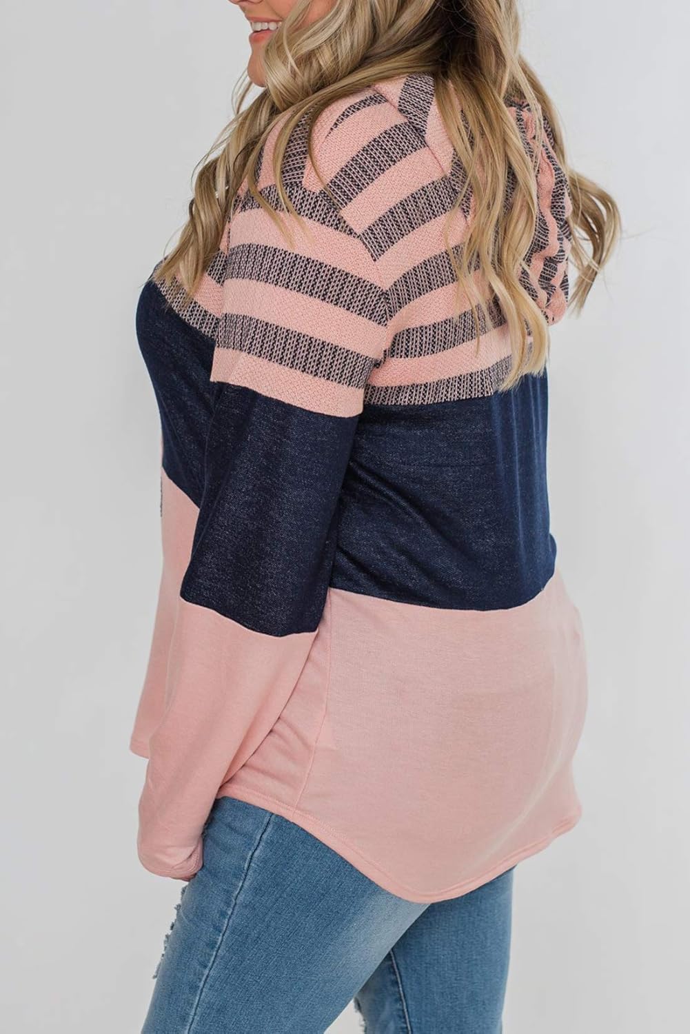 Alelly Women's pullover long sleeve stitching casual hooded sweatshirt pocket