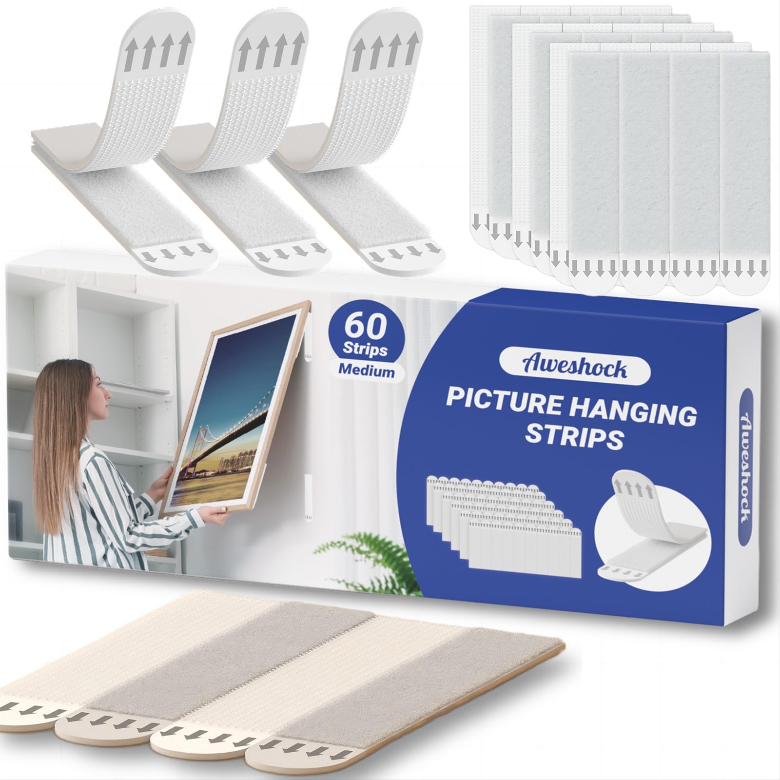 Picture Hanging Strips , Adhesive Wall Hanging Strips Damage Free ,Heavy Duty Sticky Tack for Wall Hanging Posters Strips, 30 Pairs(60 Strips) Medium Picture Hangers Without Nails