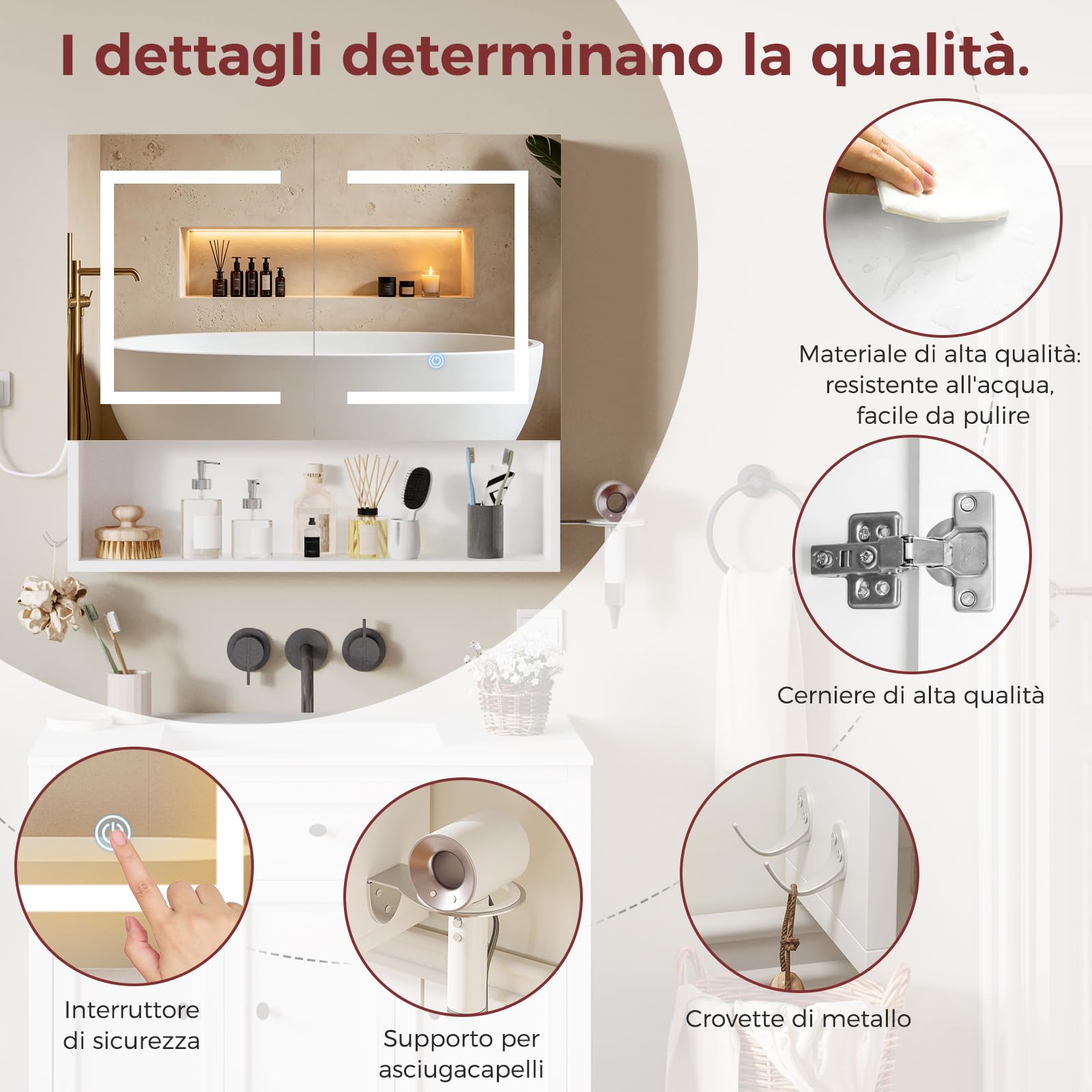 ELUCHANG Armadio da bagno con specchio e illuminazione a LED,Specchio Bagno Contenitore, ripiani regolabili,Porta Asciugacapelli e Asciugamani, Mobile Bagno con Specchio a Due Ante,60X14X60CM,Bianco