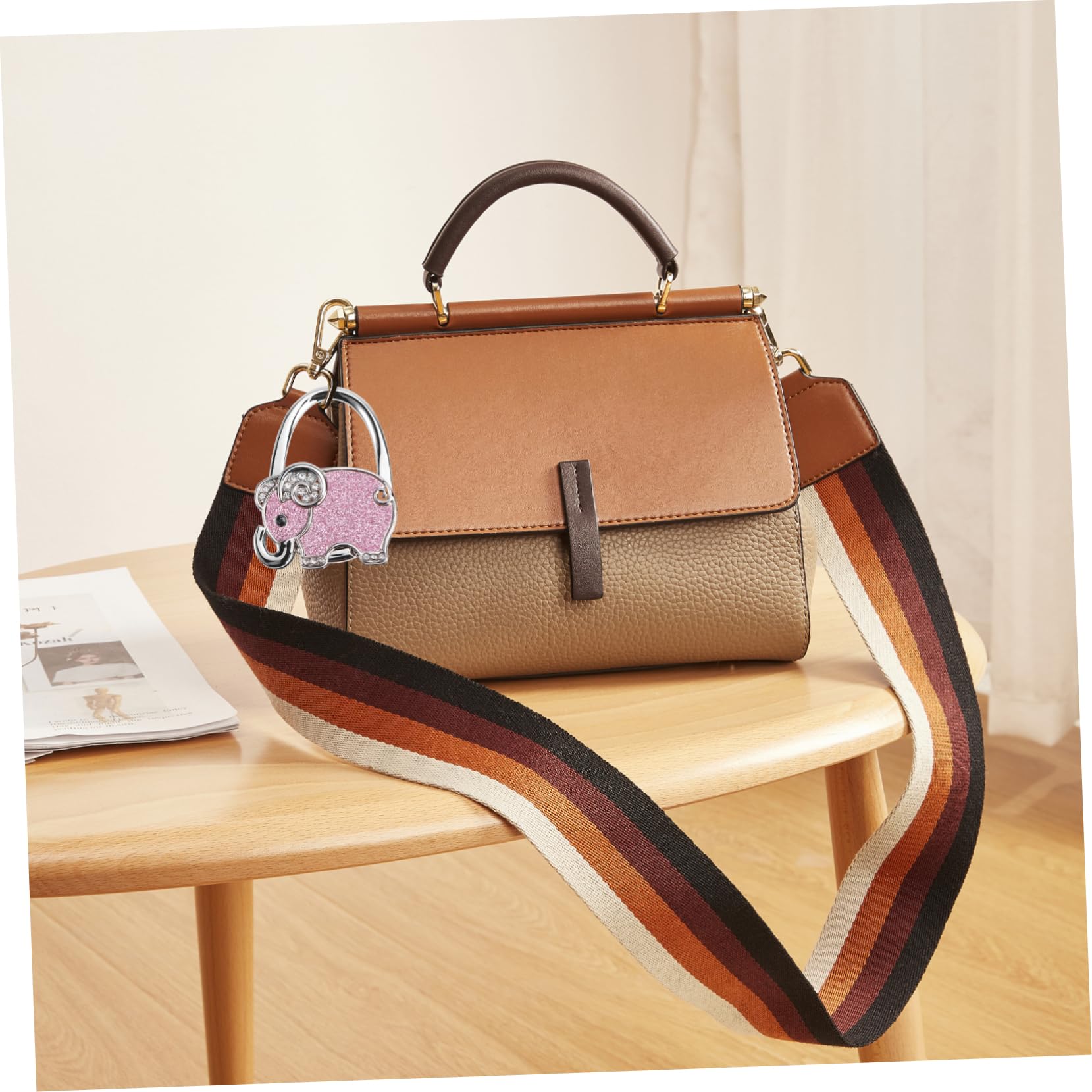 WOFASHPURET Purse Table Holder Elephant Design Rhinestone Handbag Hanger Foldable Non-Slip for Office and Travel