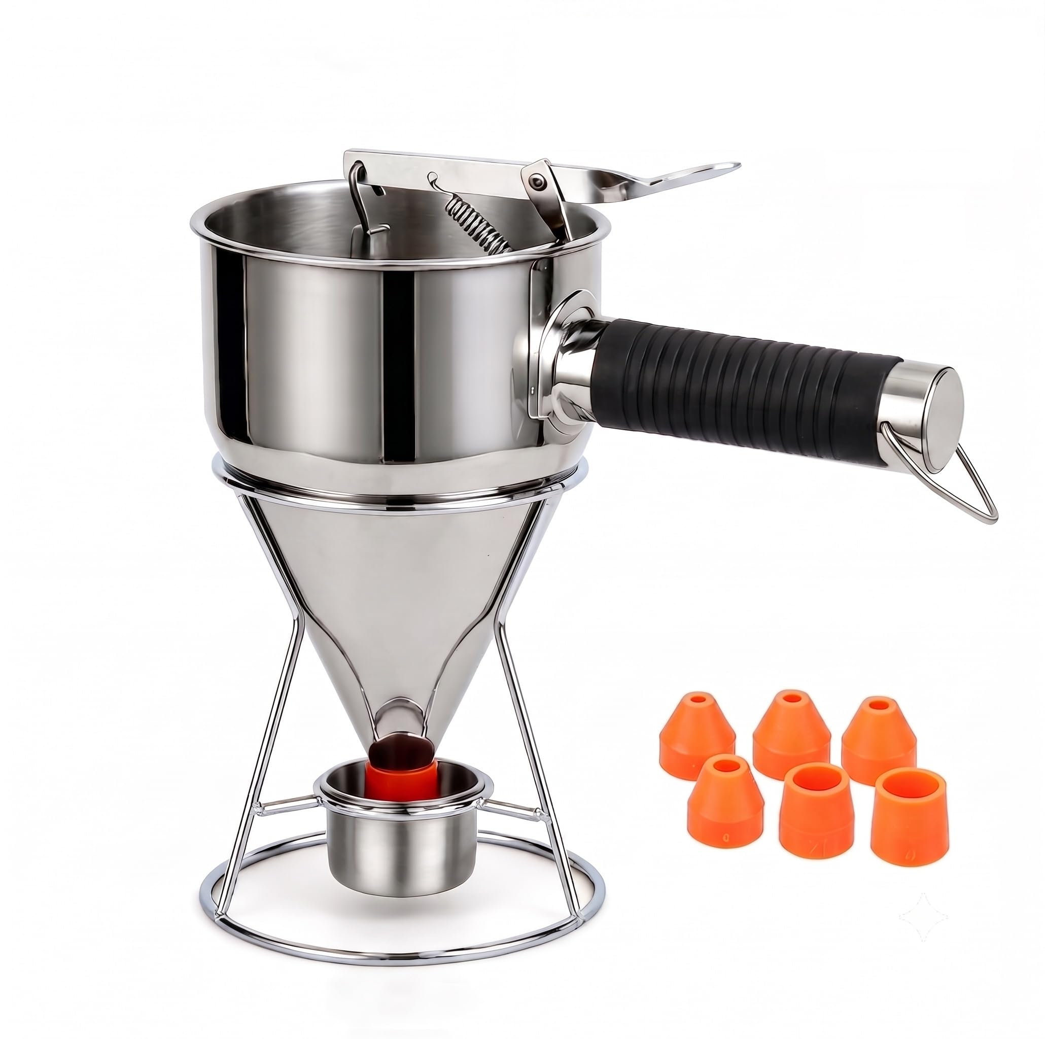 Dosificador de masa de acero inoxidable, 1200 ml, con escala y mango de silicona, 1 unidad, dosificador profesional con palanca de presión, 7 boquillas de silicona, soporte y bandeja de recogida para
