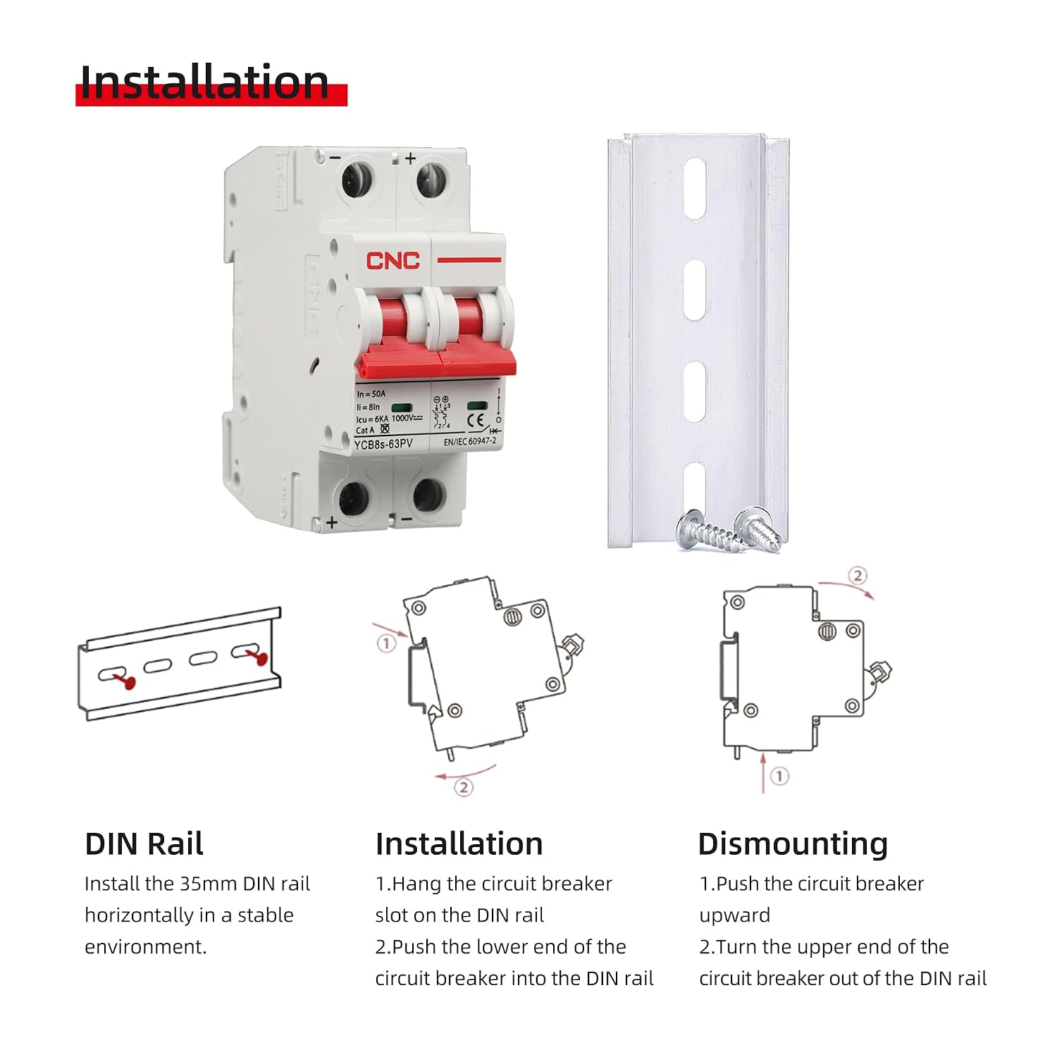 CNC DC Miniature Circuit Breaker, 2 Pole 1000V 40 Amp Isolator for Solar PV System, Thermal Magnetic Trip, DIN Rail Mount DC MCB Disconnect Switch (40 Amp)