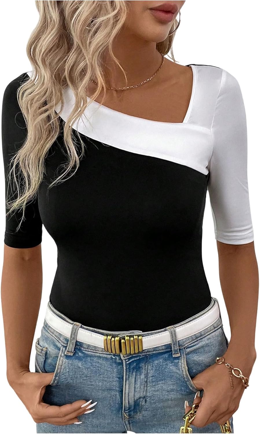SweatyRocks Women's Y2k Asymmetrical Tops Ribbed Knit Slim Fit Shirts Short Sleeve Going Out Top