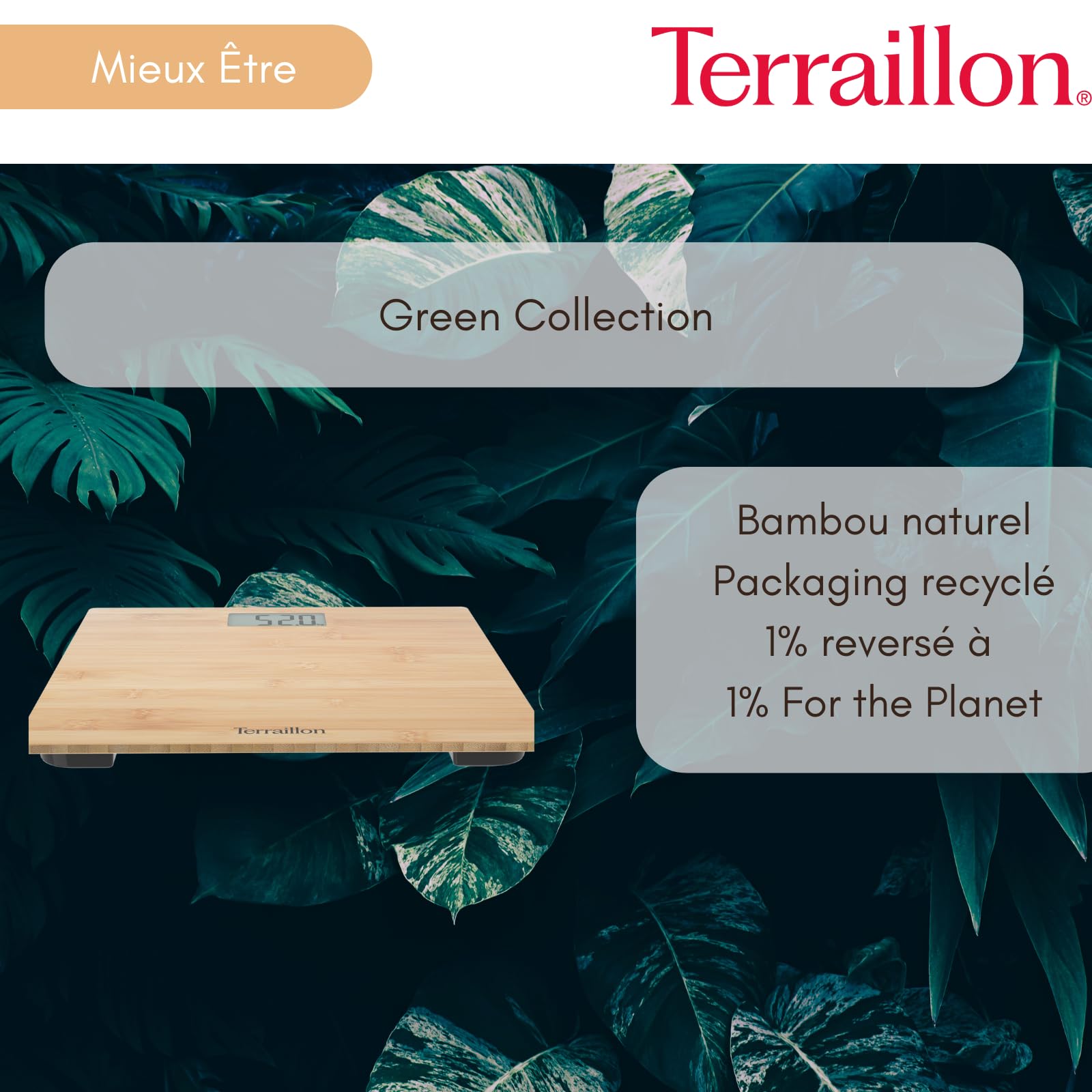TERRAILLON - BAMBOO - Pèse personne électronique, Plateau Pur Bambou Ultra-plat, Ecran LCD, Capacité 150Kg, graduation 100g, Bambou