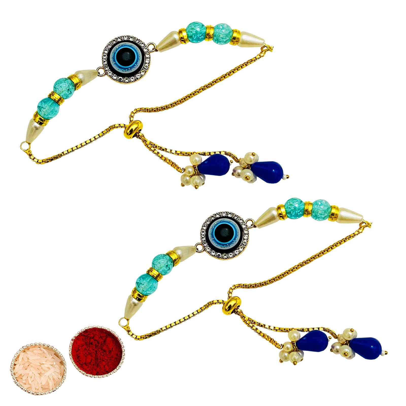 Buyent ® elegant Kundan pearl evil eye bracelet for women set of 2 stylish rakhi gift for sister in law with roli chawal-image-30