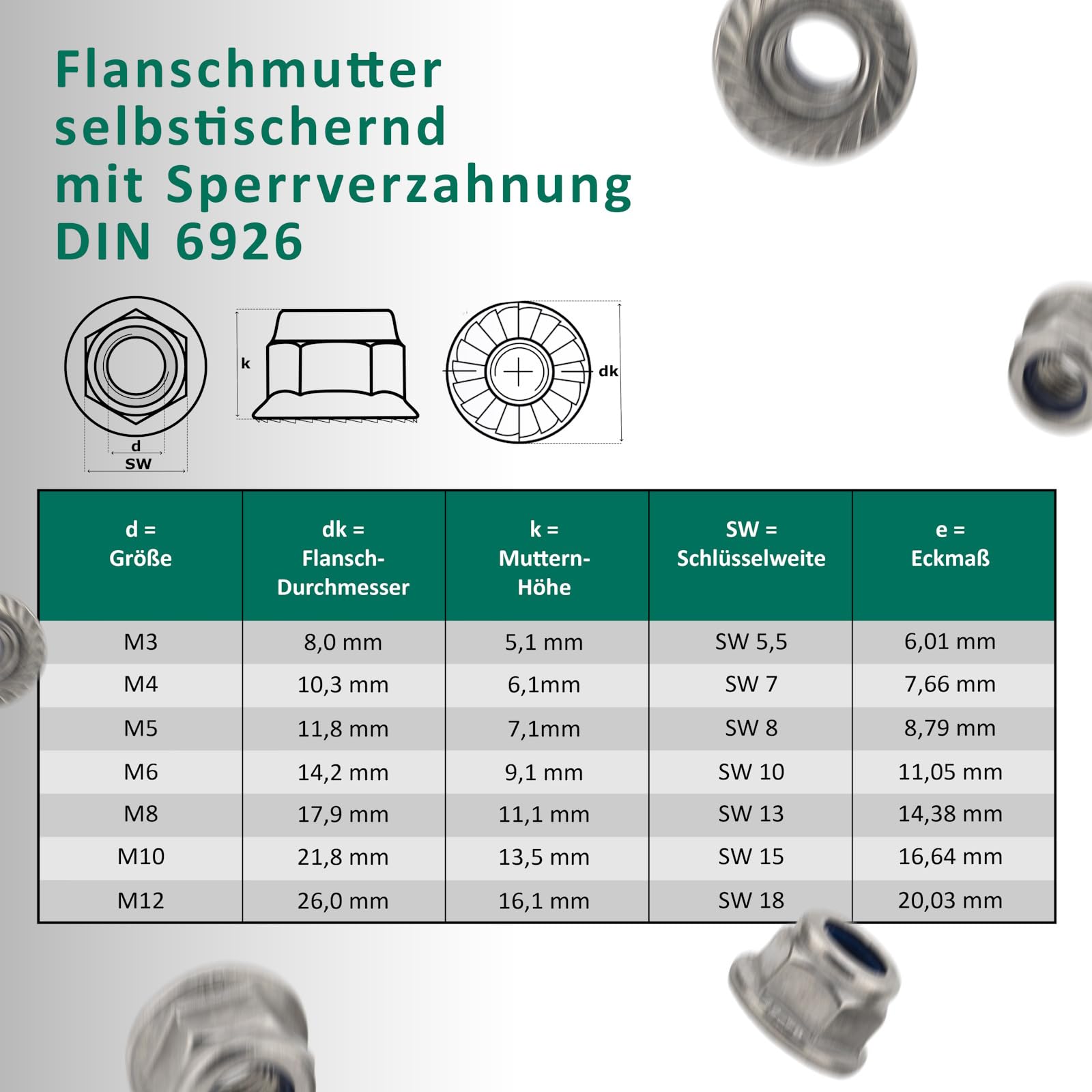 DSM - Dadi flangia M8 - Acciaio inox A2/V2A - Dadi di bloccaggio DIN 6926 - Autobloccanti con dentatura di bloccaggio - Dado esagonale con flangia - Dadi di bloccaggio resistenti alla corrosione - 100