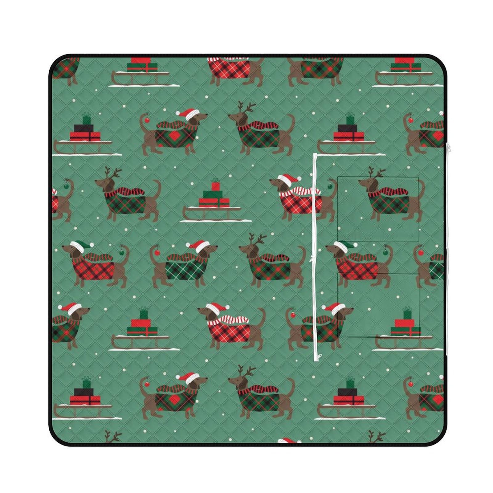 Tapis d'extérieur teckel de Noël imperméable 150x150cm avec fermeture éclair