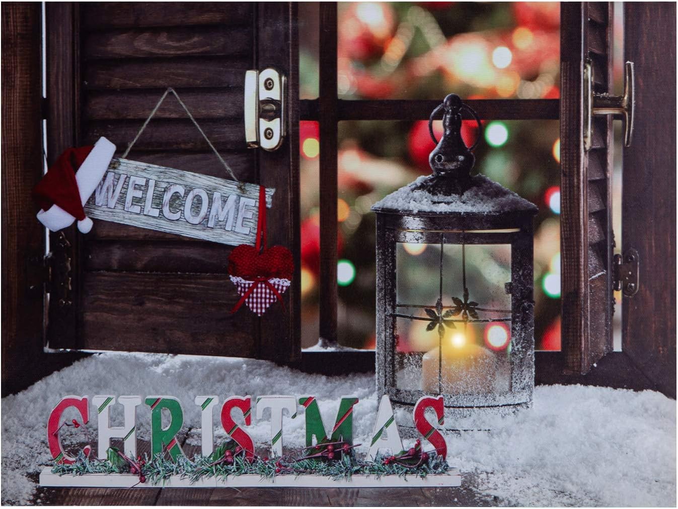 NIKKY HOME 16" X 12" Welcome Christmas LED Lighted Canvas Wall Art Prints with Window Snow Scene Picture for Holiday Decor