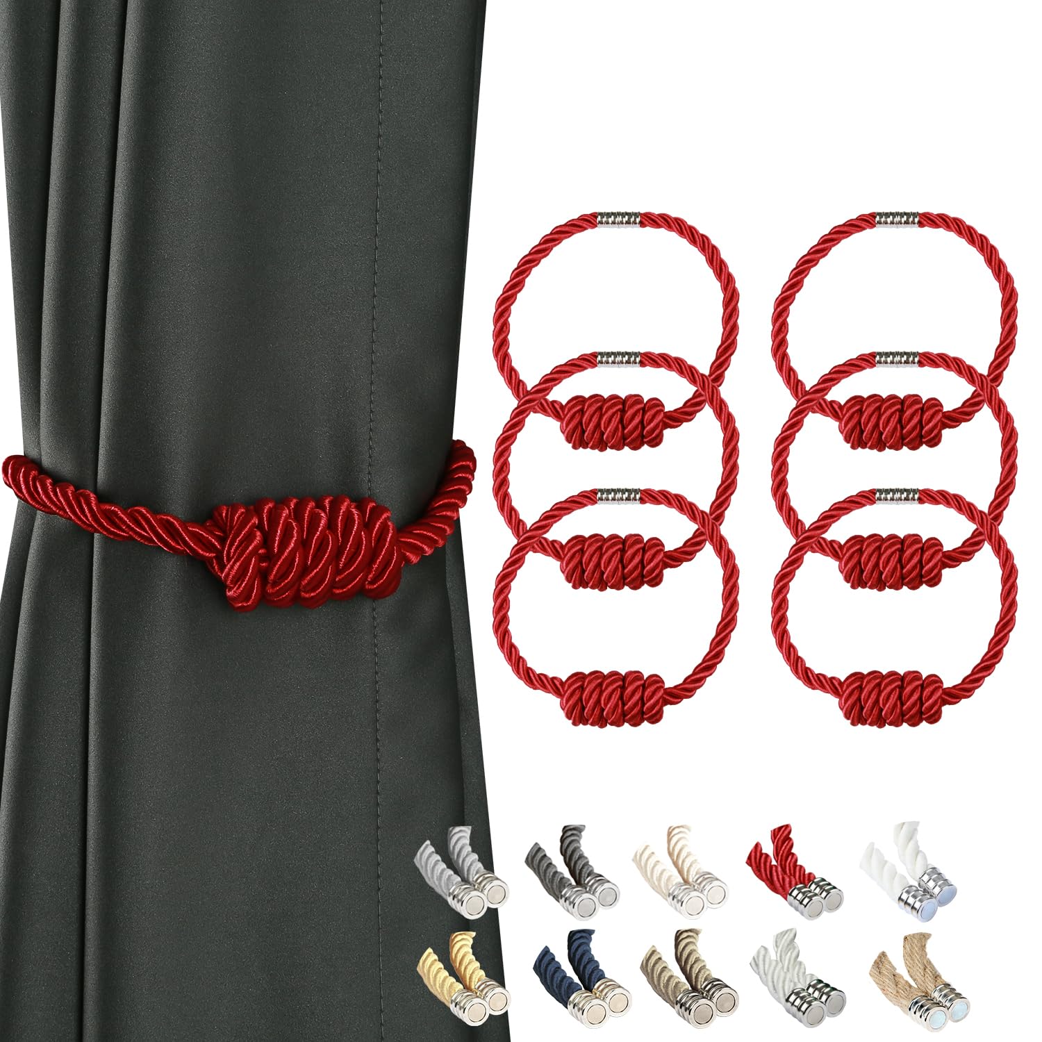 BEL AVENIR Magnetic Curtain Tiebacks, Modern Woven Tie-Backs with Exquisite Knot, Drapery Holdbacks for Home Decoration (Red, 6 Pack)
