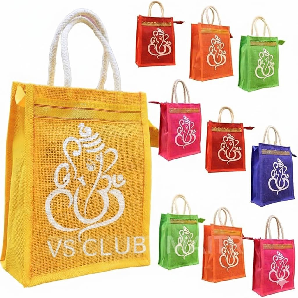 VS Club Jute Bags For Party Favors | Ganesha And Kolam Print Return Gift Jute Bag - Colorful 8X10X4" With Zipper For Weddings, Housewarming, Thanksgiving & Pooja Gifts|Multi Colour|Pack Of 10-image-47