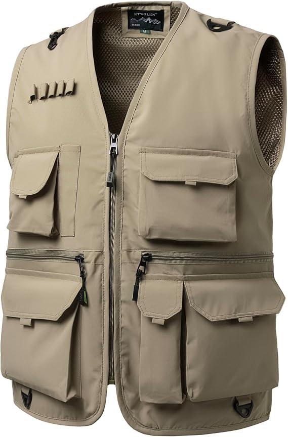 Men's Utility Multi-Pocket Vest Lightweight Mesh Lined Outdoor Fishing Hiking Safari Sleeveless Jackets
