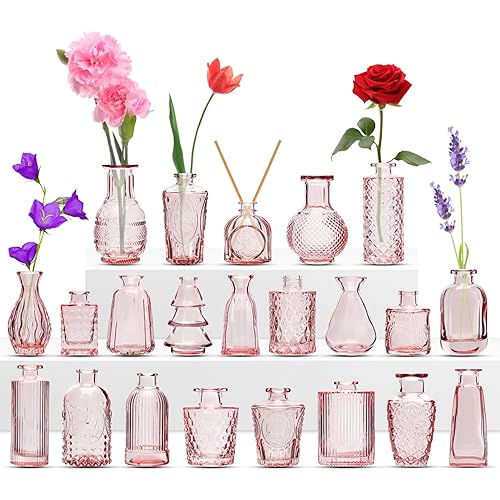 22 Pack Flower Vase, RUCKAE Bud Vases for Wedding Decorations,Glass Vase for Centerpiece Table Decorations,Small Boho Vase for Home Decor,Wedding Decor,Centerpieces,Party,Office (Pink)