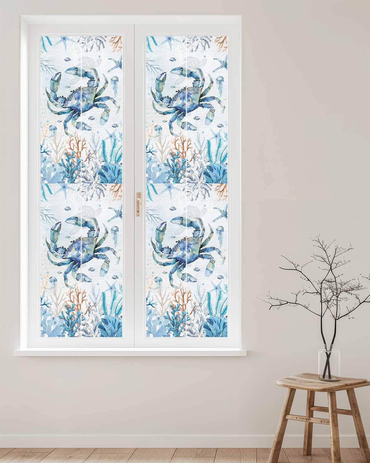 Window Privacy Film, Summer Ocean Sea Coral Blue Crab Starfish Jellyfish Static Clings Window Film for Glass Windows Removable Decorative Sticker for Home Bathroom Office, 17.7