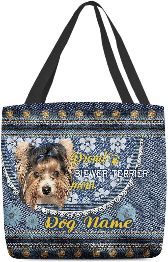 Personalized Biewer Terrier Tote Bag, Proud Biewer Terrier Dog Mom Floral Jean Pattern Cloth Tote Bags For Dog Lovers Gifts - Customized Name Shoulder Bags Reusable Grocery Bag Women Casual Handbags