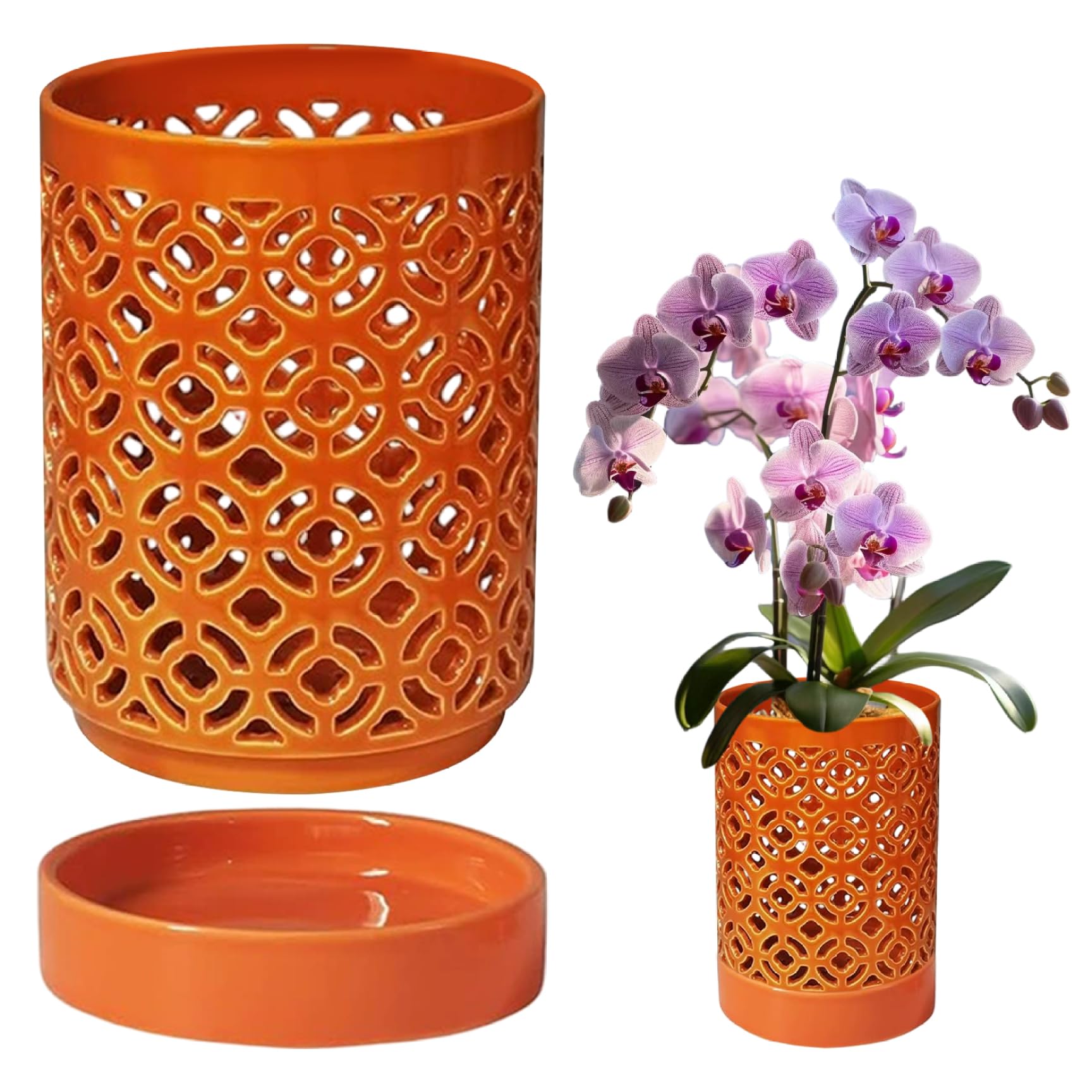 Striegro Orchid Pots 5.5x4in Orchid Planter with Holes & Saucer & Drainage Ceramic Plant Pot for Indoor Outdoor Plants, Orange.