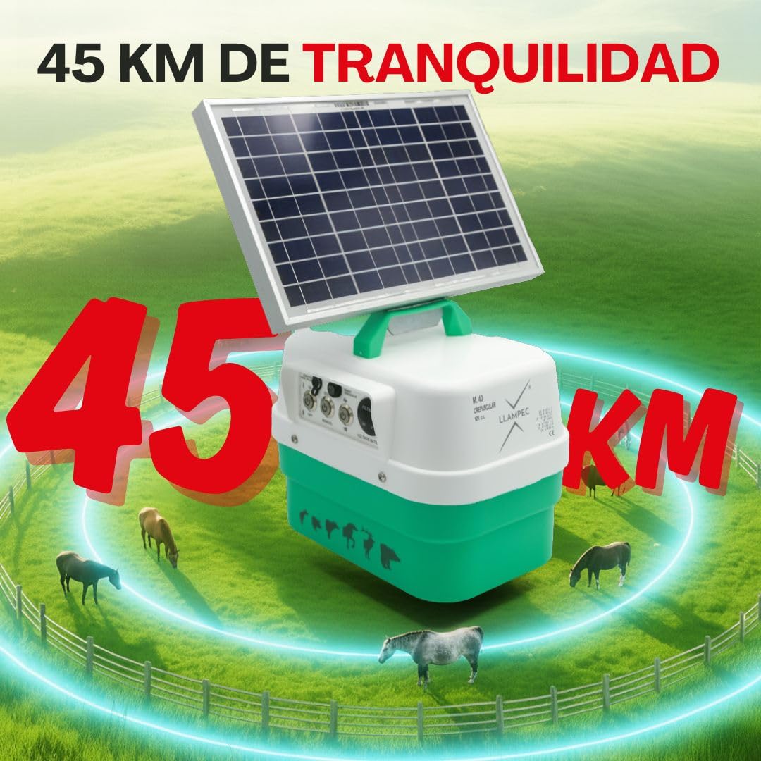 Pastor Eléctrico Solar Crepuscular Llampec Mod.40S – 4,5 J, 10.000 V y 45 km de Alcance – Especial Antijabalí con Sensor de Luz y Panel Solar 12 V 10 W Incluido – Fabricado en España