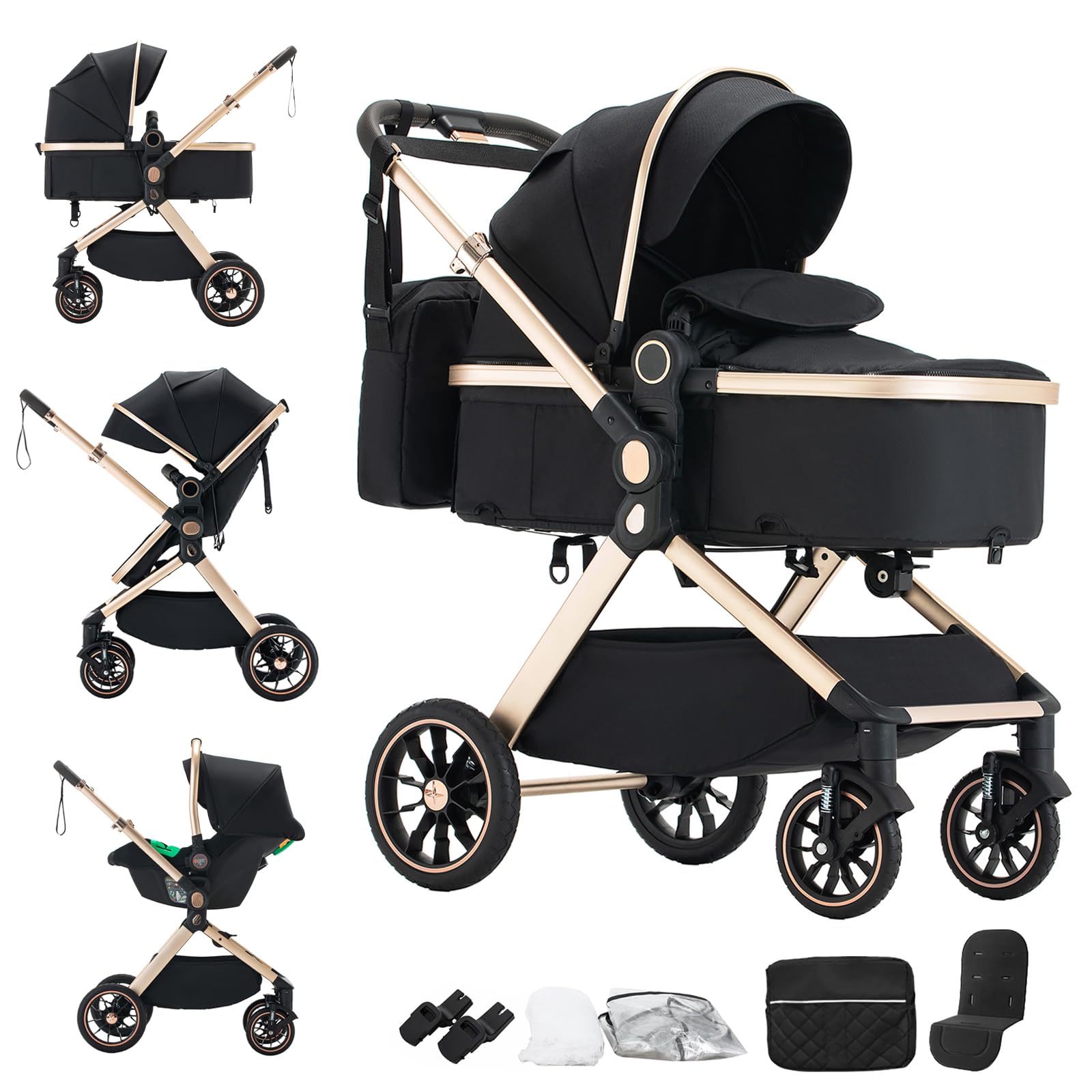 Mobayta 3-in-1 Complete pram Set, 0-4 Years, up to 22 kg, Combi pram Travel Systems for Newborns and Infants (BLACK-U9-X, U9-X)