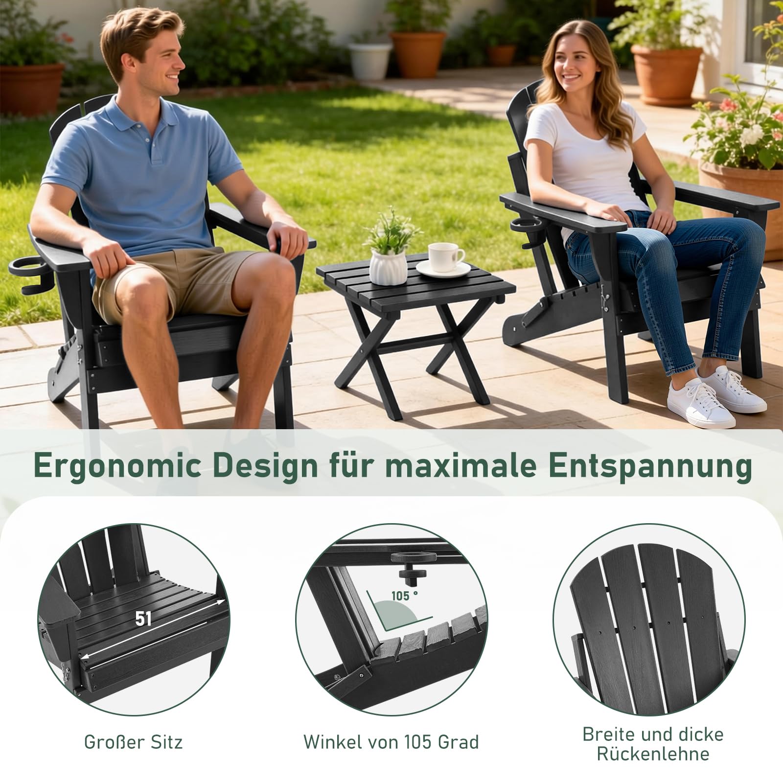 Adirondack Stuhl 2er Set Klappstuhl mit Getränkehalter, Wetterfest Gartenstuhl Patio Stühle, Gartensessel aus Kunststoff für Garten, Terrasse und Balkon, Schwarz 2pcs