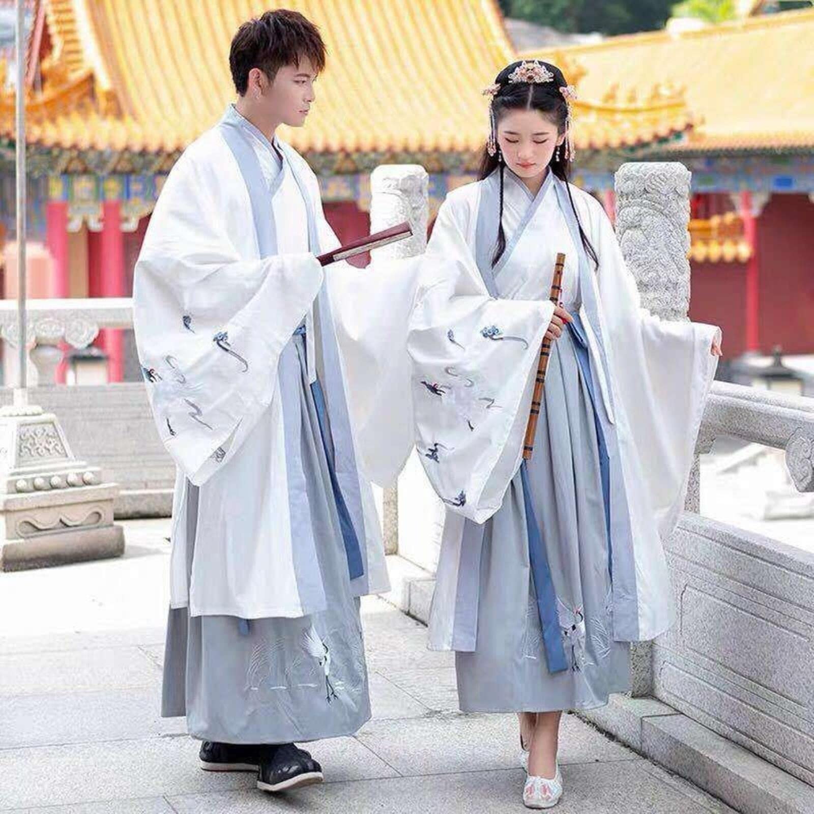 Cinese Antica Ricamo Tradizionale Hanfu Uomini & Donne Giacca Bianca Grigio Imposta Cosplay Costume Hanfu Vestito Per Le Coppie Plus Size