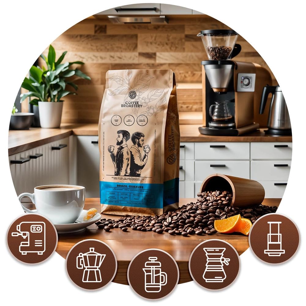 Coffee Broastery Brazil Guaxupe – Lot de 3x1kg Café en Grains du Minas Gerais – Notes Chocolat au Lait, Noisette et Orange – Torréfaction Artisanale pour Espresso et Cappuccino – 100% Arabica