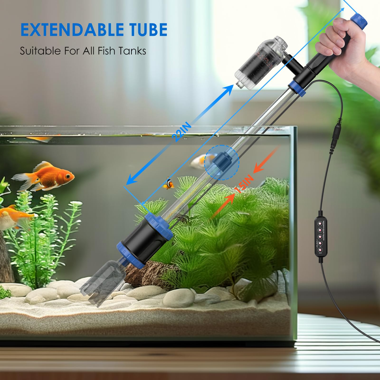 Aspiradora eléctrica de grava para acuarios: 36 W, aspiradora con fuerte succión para cambio de agua, lavado de arena, algas, ducha de agua y circulación de agua, temporizador apagado