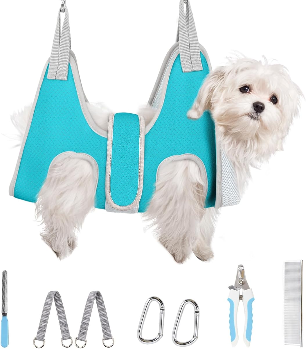 Supet Dog Grooming Hammock for Small Dogs, Dog Hanging Harness for Nail Trimming Doorframe, Pet Holder Restraint for Clipping Nails, Pet Hoist Sling for Cutting Nails at Home (Blue XS)