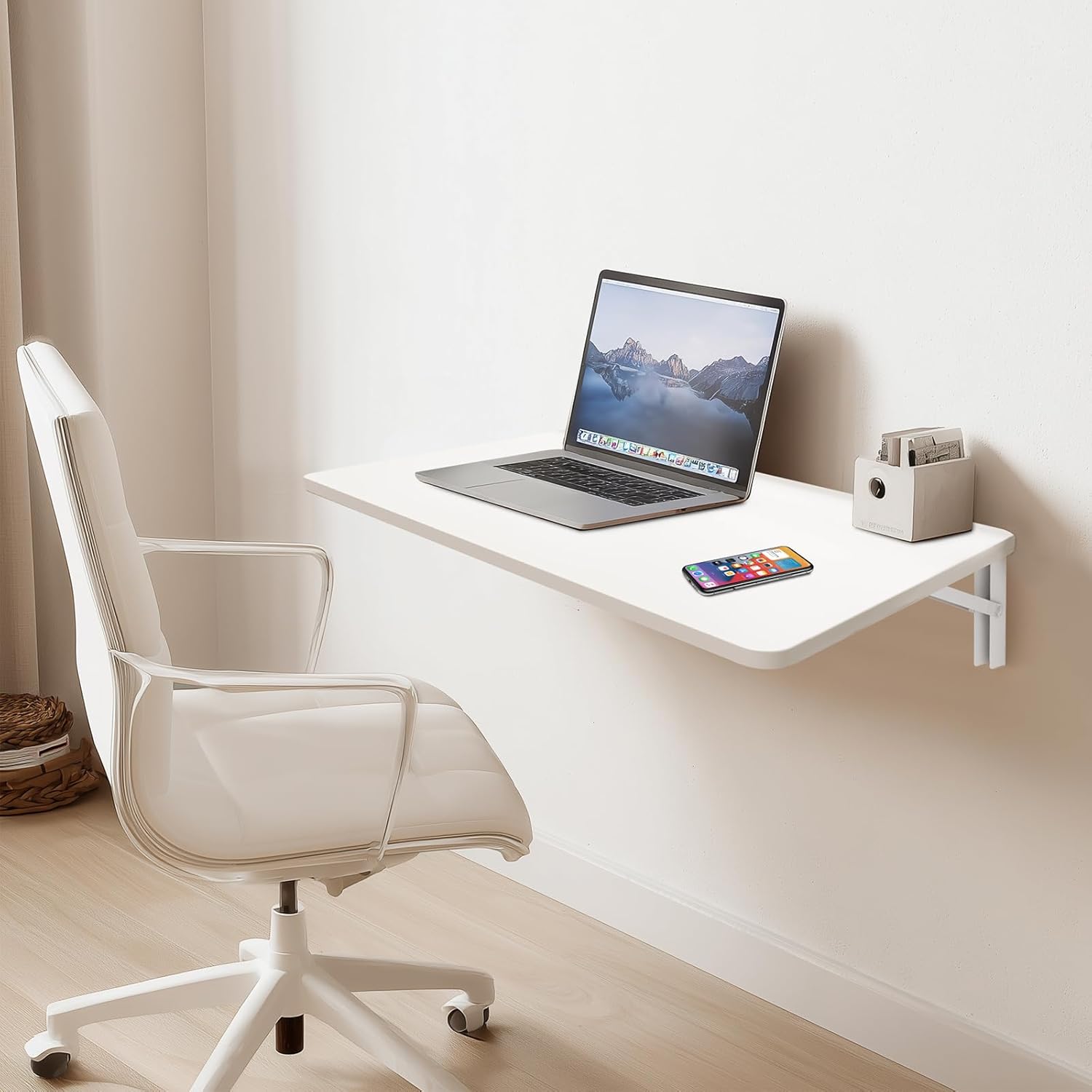 White Wall Mounted Folding Table 31.5"x19.7" Fold Down Wooden Wall Desk, Floating Table for Kitchen, Laundry Room, or Home Office