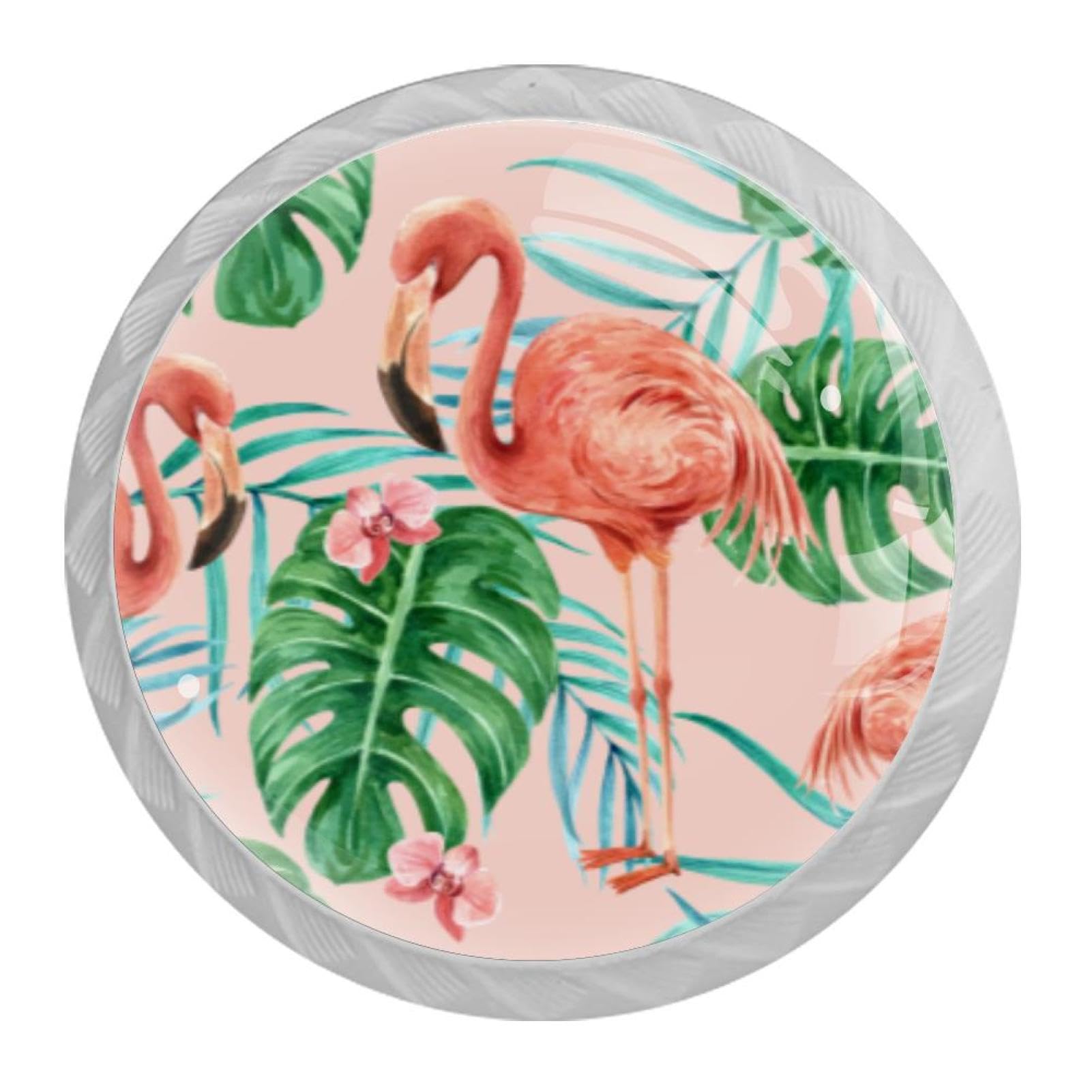 Tqmspg Multi13 4 Pieces Drawer Pulls Tropical Palm Leaves Flamingo Bird Pattern Door Knobs Dresser Handles For Kitchen Wardrobe Cupboard Hardware Furniture