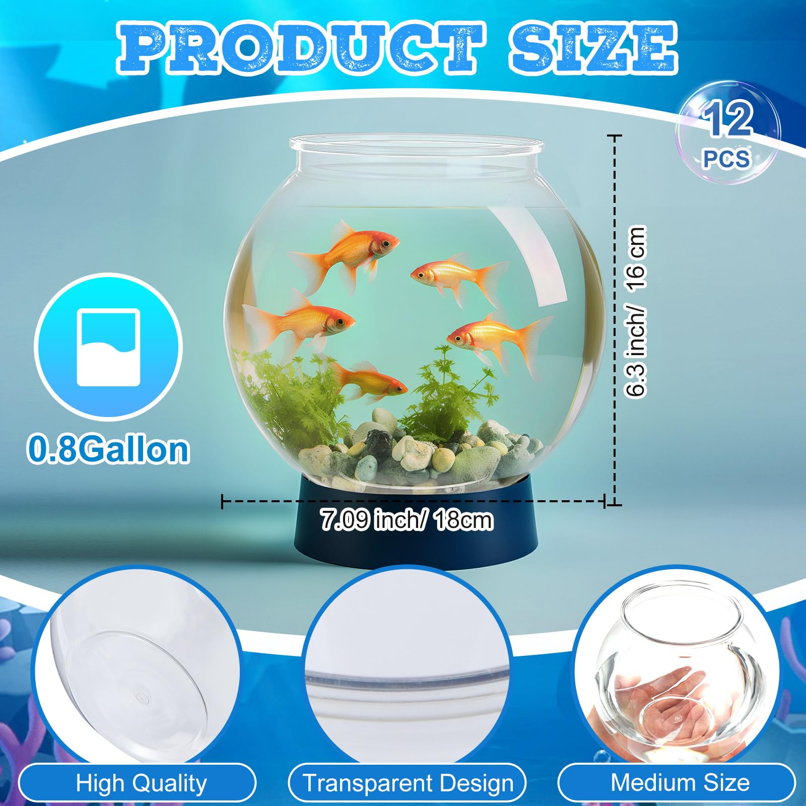 Mifoci Lot de 12 aquariums en plastique transparent - 2 835 g - Multifonction - Rond - Pour la maison, le bureau, les poissons rouges, les tortues, les bonbons, les fêtes, 18 x 16 cm