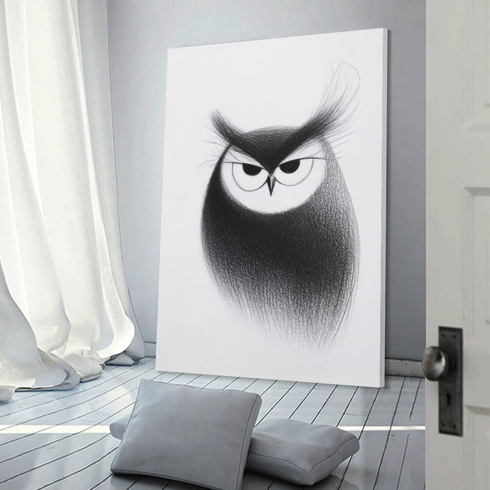 Junmoney Black And White Owl Illustration Canvas Art Print 24x36inch(60x90cm), for Bedroom Decor, Cosy Corners Or Studios, An Easy Wall Refresh for Bedrooms