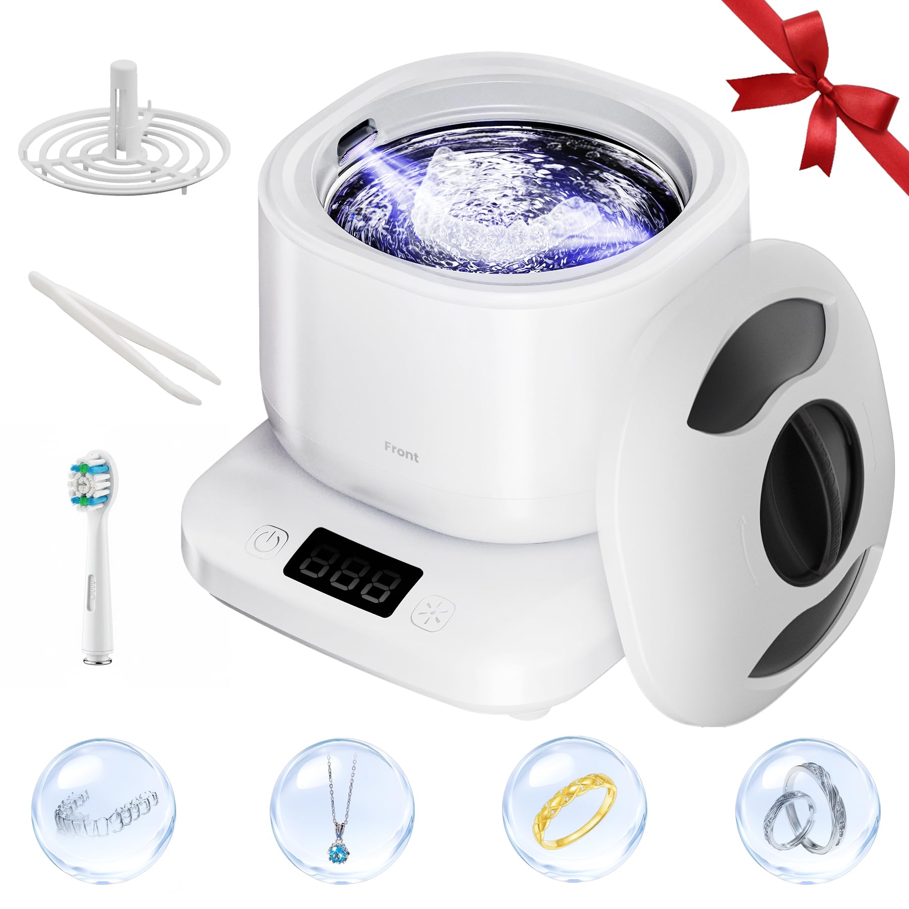 Vcyems Ultrasonic Jewelry Cleaner Machine with U-V Light, Detachable Retainer Cleaner for Jewelry, Retainers, Dentures, 42kHz Ultrasonic Cleaner with 3 Modes, Waterproof, for family, White