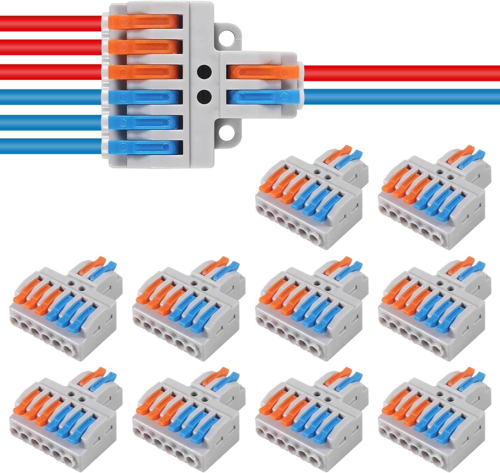 10pcs Lever Wire Connectors - 2 in 6 Out Quick Electrical Lever Nuts, Push-in Conductor Terminal Block AWG 28-12 (2 in 6 Out)