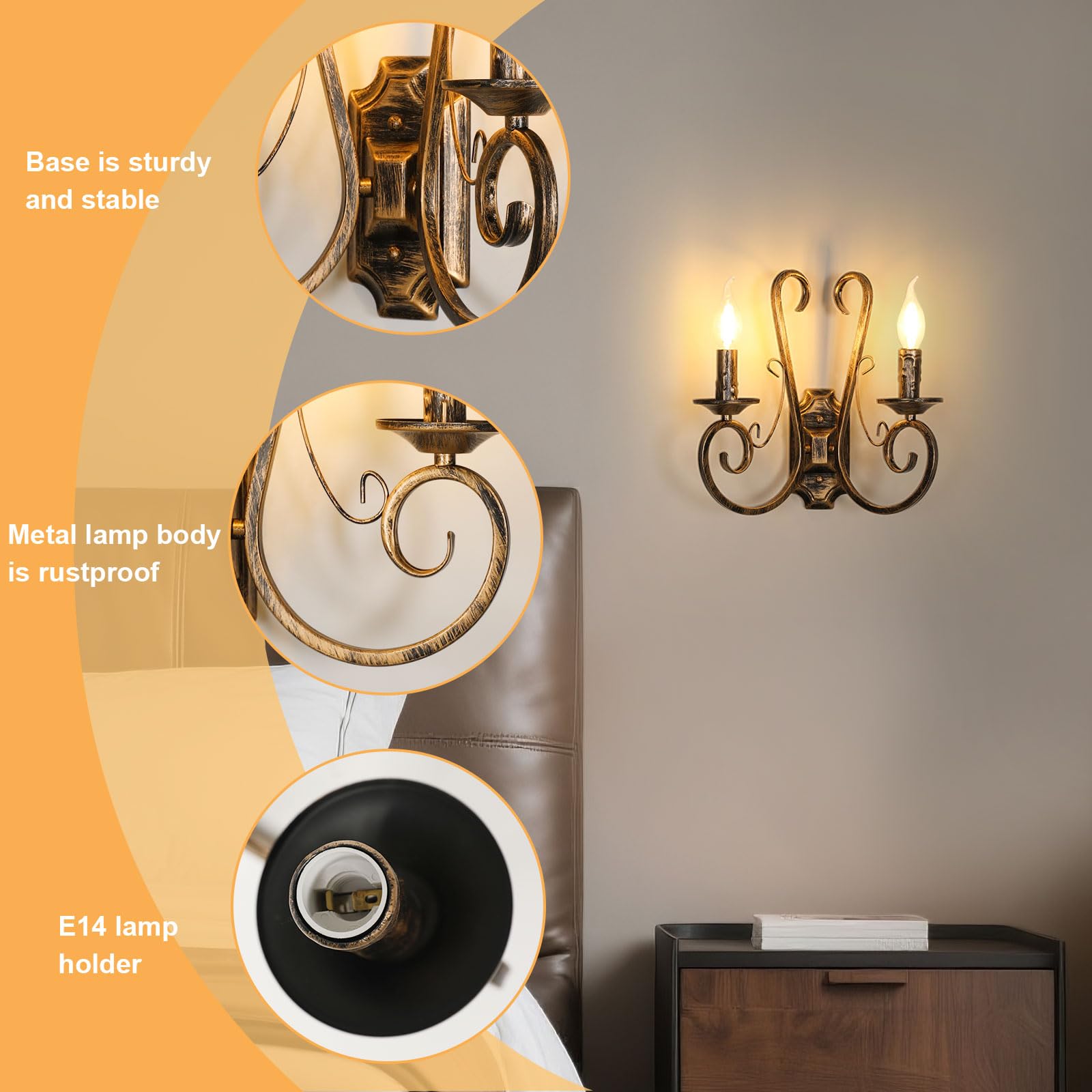 2 Lichts Wandleuchte, E14 Retro Wandlampe Vintage Französisch | Traditionelle Bronze, Rustikale Wandleuchte Innen für Schlafzimmer, Wohnzimmer, Treppen, Flur, ohne Leuchtmittel
