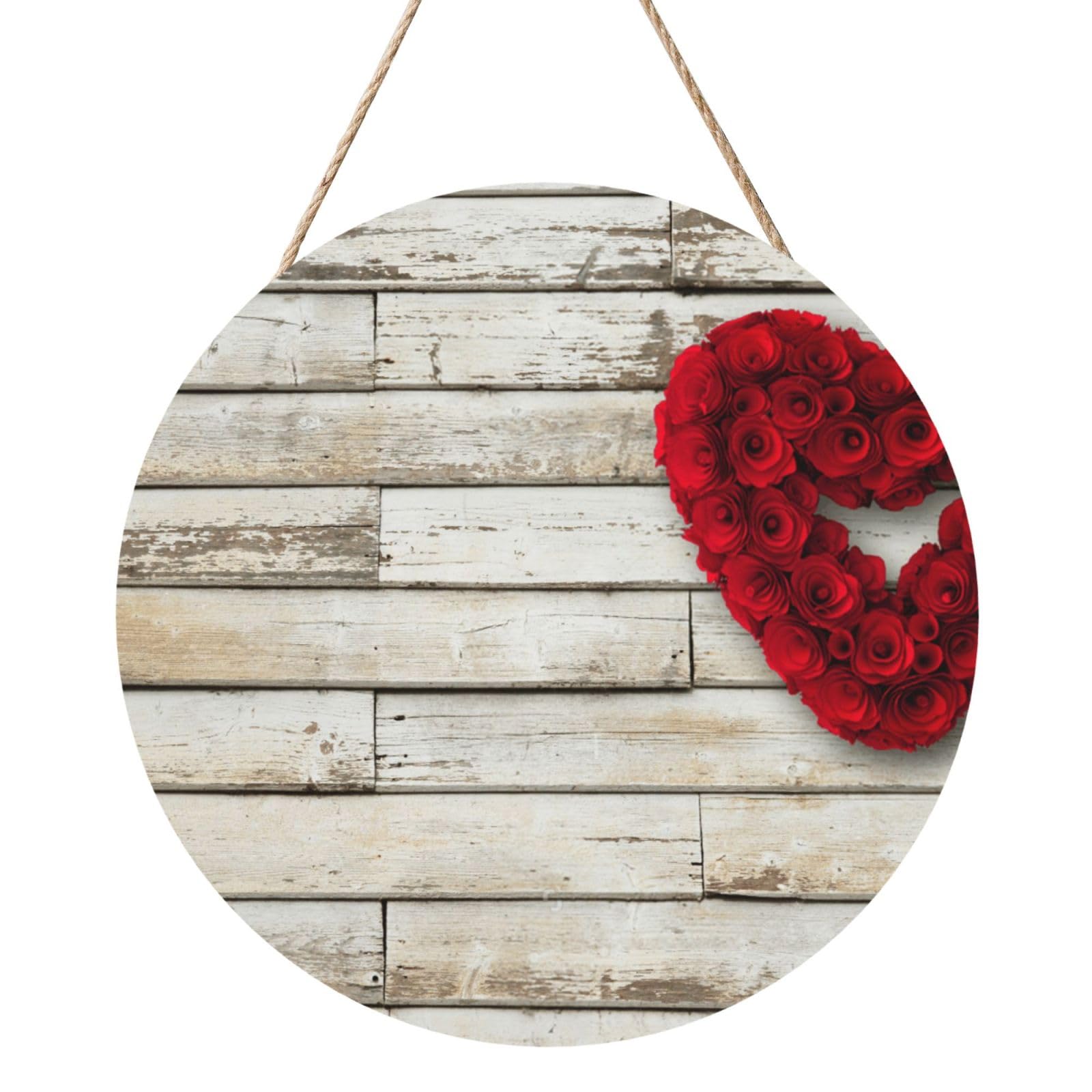InOmak Red Heart-Shaped Roses Printed, Round Wood Panel Painting 12 in, Wall Hanging Painting For Home
