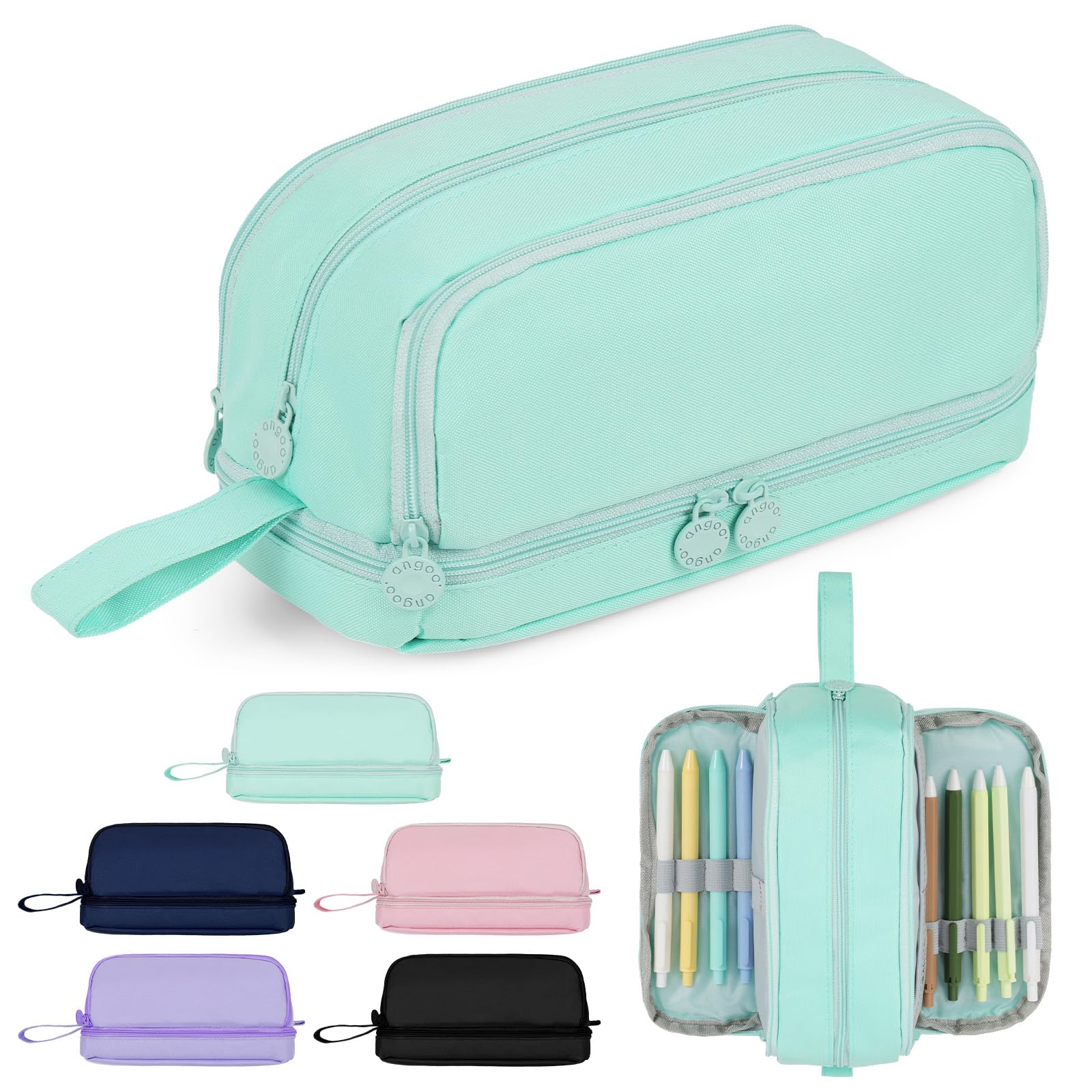 AOOSU Large Capacity Pencil Case, Pencil Case 4 Compartments with Zipper Portable Handle, Beautiful Stationery Organizer for Boys Girls Teen College Students School Adults & Office Supplies Green