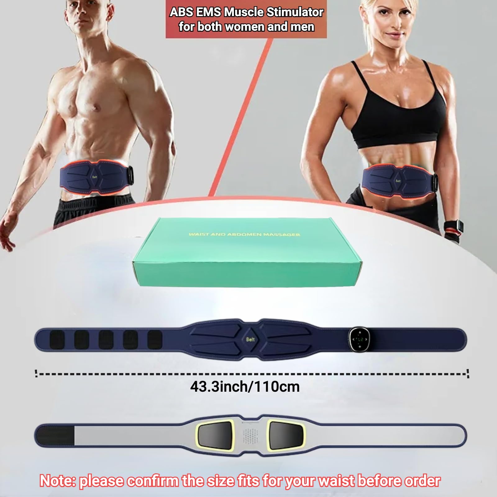 Beheizter EMS-Bauchmuskelstimulator – 3 Modi & 16-stufig einstellbarer Bauchmuskeltrainer mit Digitalanzeige, 110 cm (43,3 Zoll) langer Muskelaufbaugürtel für Bauchfettverbrennung,Körperformung