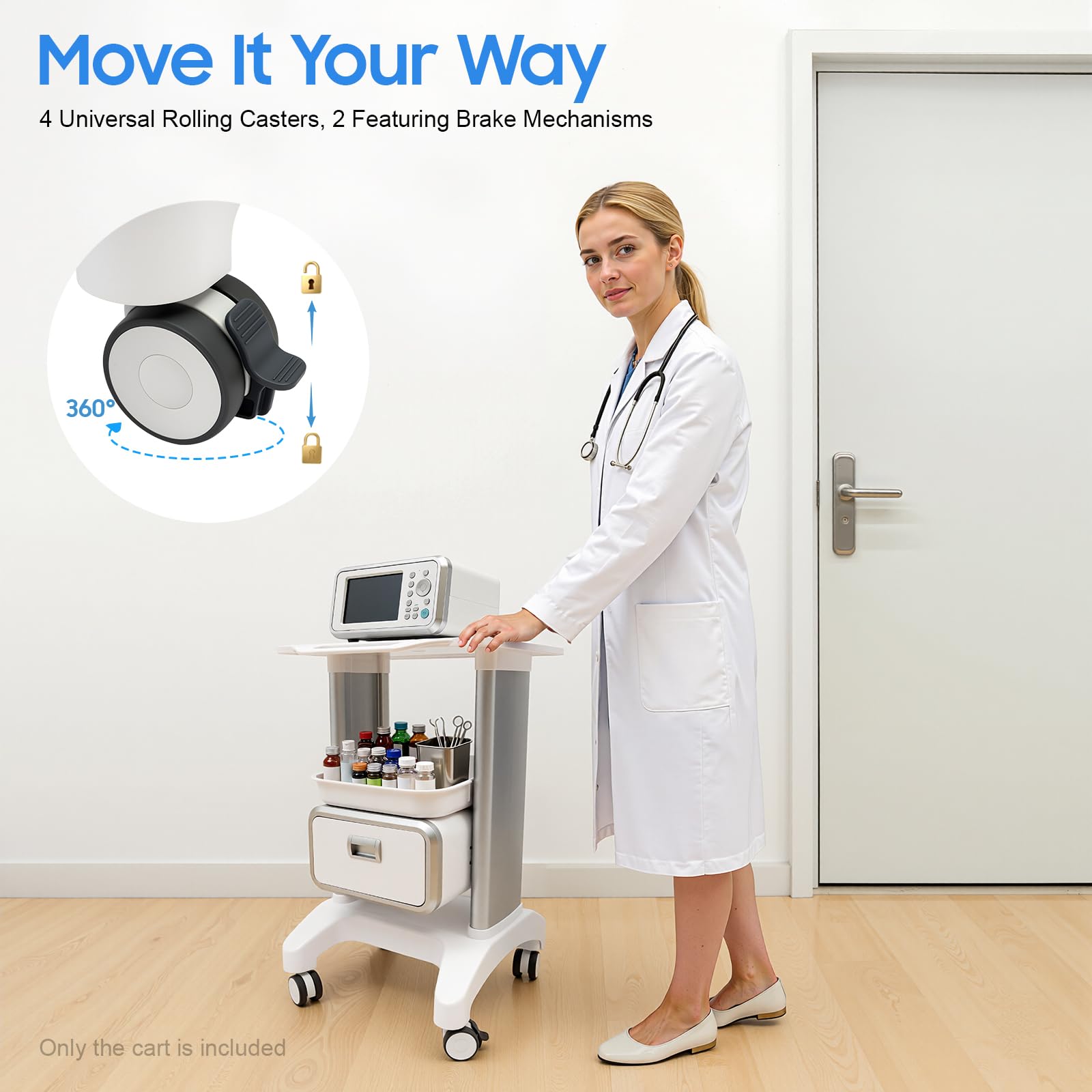 Carrello da laboratorio, carrello medico, carrello cosmetico con 1 cassetto e ripiano superiore, carrello da laboratorio arrotolabile, materiale ABS, multifunzione, per laboratorio, clinica, ospedale