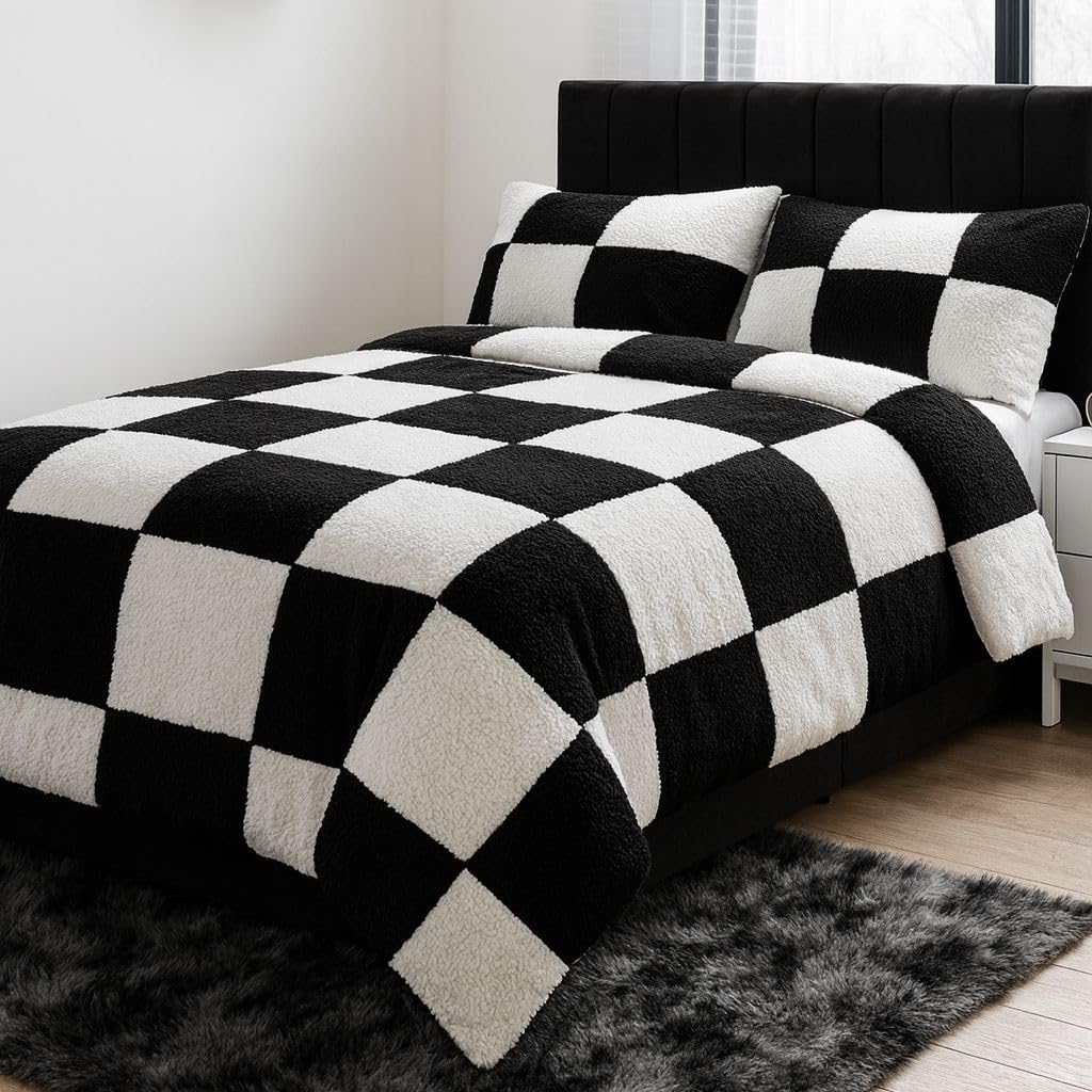 John Aird Teddy Fleece Patterned Square Check Duvet Cover Quilt Bedding Set With Pillow Cases (Black/White, Double)