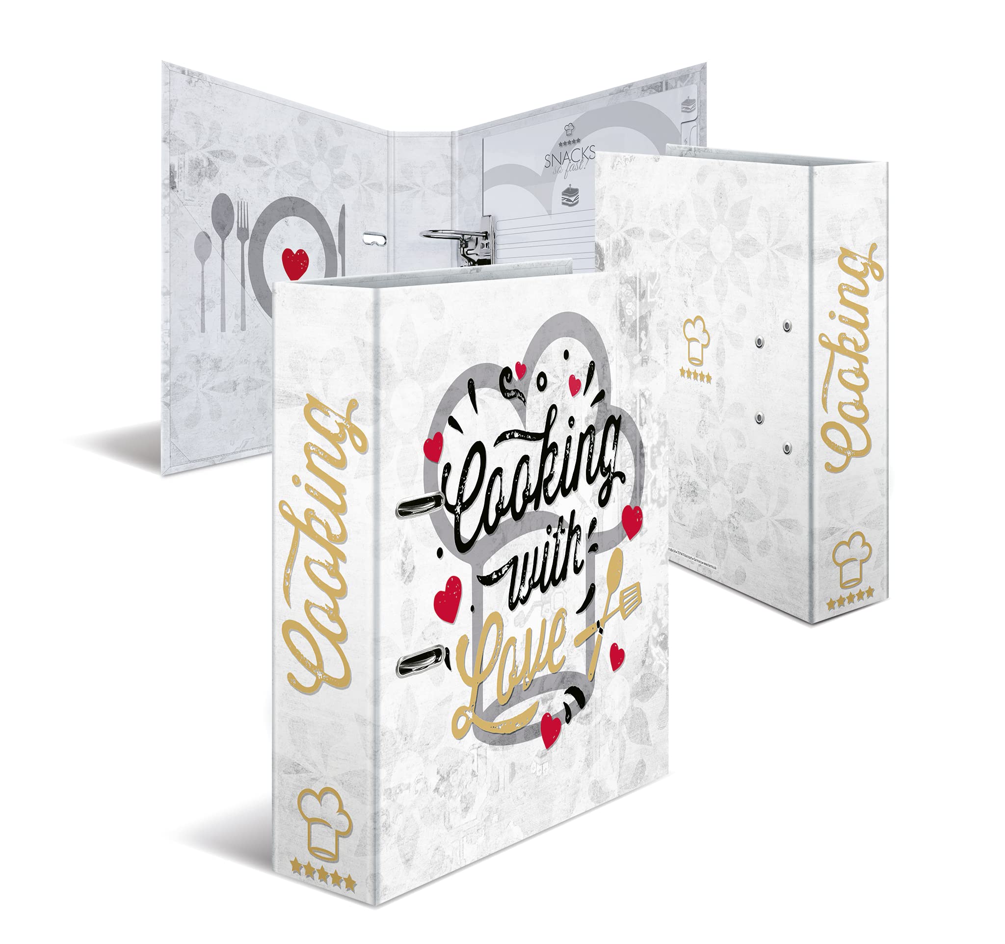 HERMA Pilnik do własnych przepisów z motywem Cooking with Love, A4, grzbiet 70 mm, ze złotymi zdobieniami i 6-częściową listą, 1 teczka