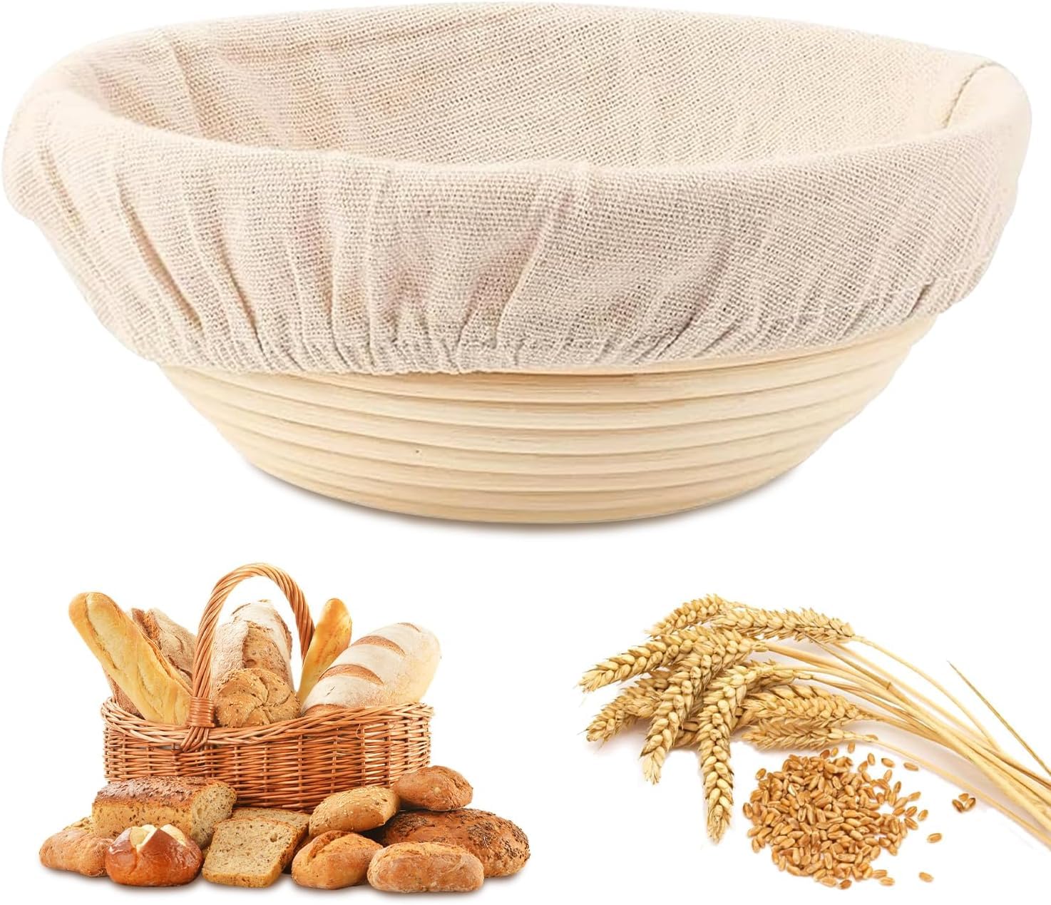 Homiely Brown Bread Proofing Basket, Natural Rattan Sourdough, 9" Round Banneton Basket With Linen Cloth For Professional Home Bakers