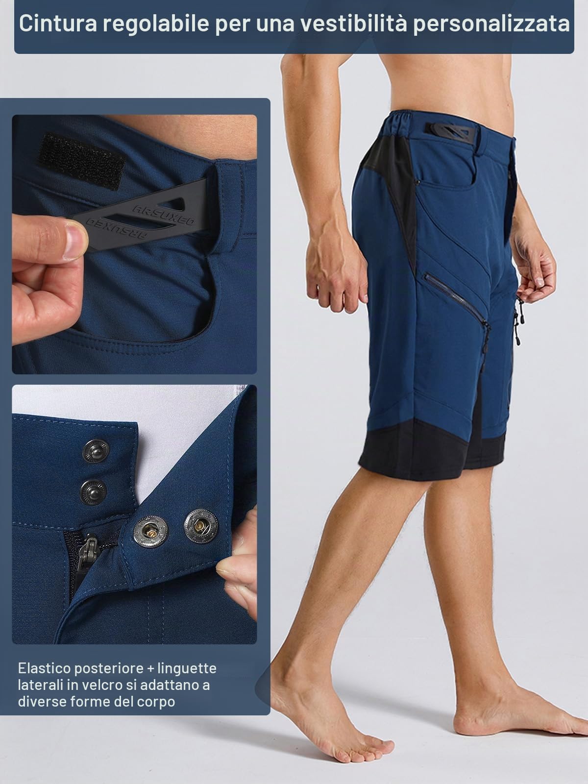 ARSUXEO Pantaloncini da Ciclismo Uomo Pantaloncini da MTB Senza Imbottitura Bicicletta da Mountain Bike Resistenti all'Acqua 1903 Blu Scuro XL