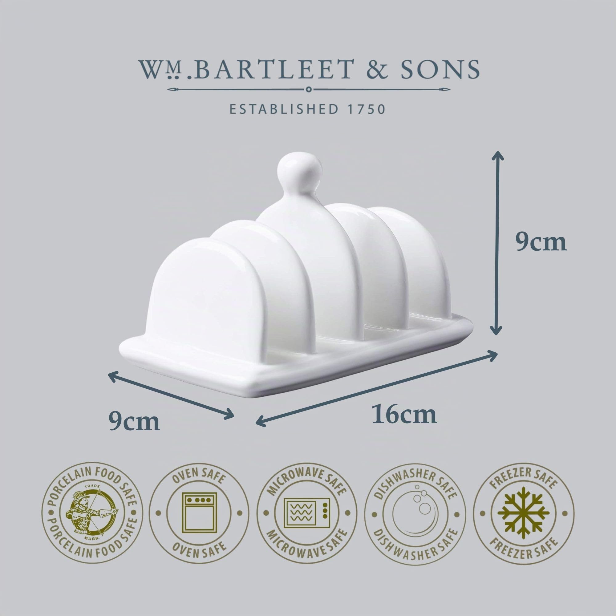 WM Bartleet & Sons 1750 Traditionelles Toastregal aus Porzellan mit 4 Schlitzen, mit Tragegriff/Knauf, Weiß, Einheitsgröße